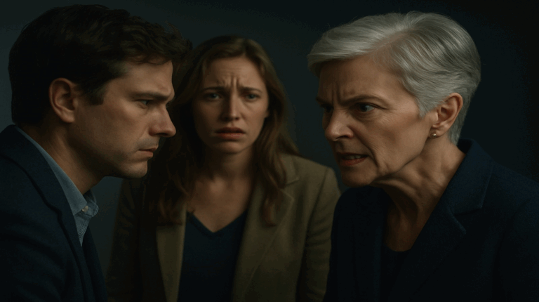 Tense confrontation with narcissistic mother causing anxiety in adult son and daughter, cinematic side-angle, moody lighting