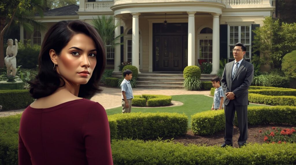 Narcissistic mum looks back as father and two sons stand apart in front of their home—illustrating how Dad’s role is erased at home