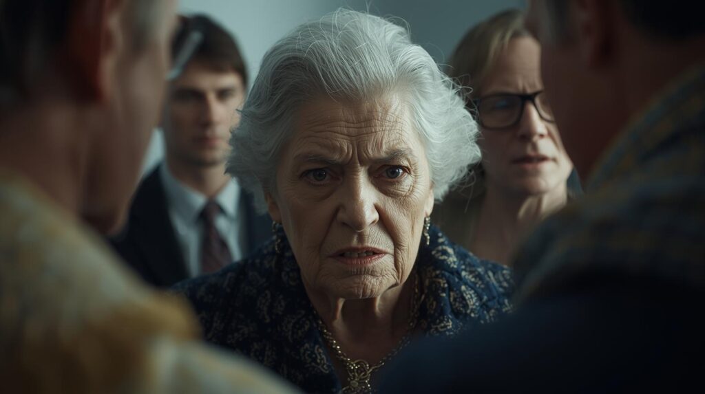 Older woman glares at relatives during a tense family argument—capturing manipulation that fractures family bonds
