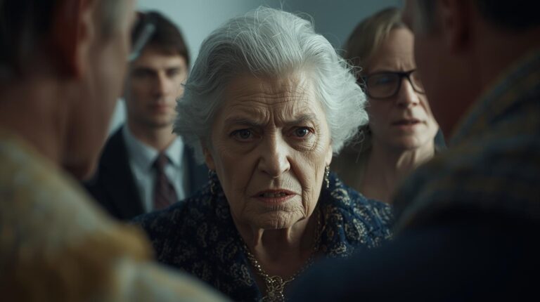 Older woman glares at relatives during a tense family argument—capturing manipulation that fractures family bonds