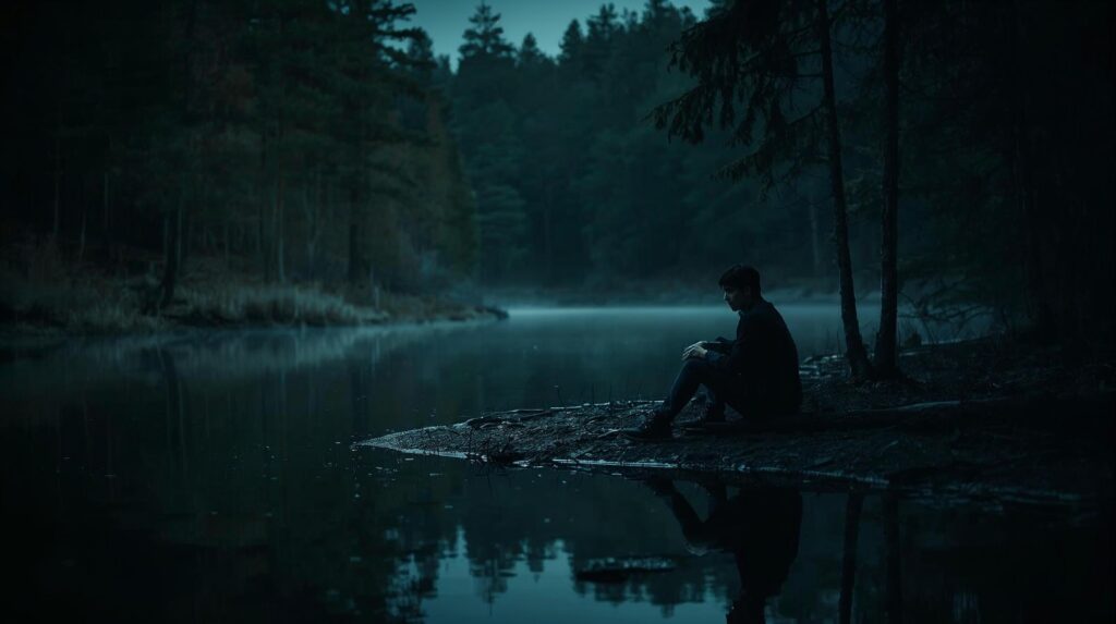 Man sits alone at dusk by a forest lake, reflected in still water—evoking isolation and control in a dominating marriage dynamic.