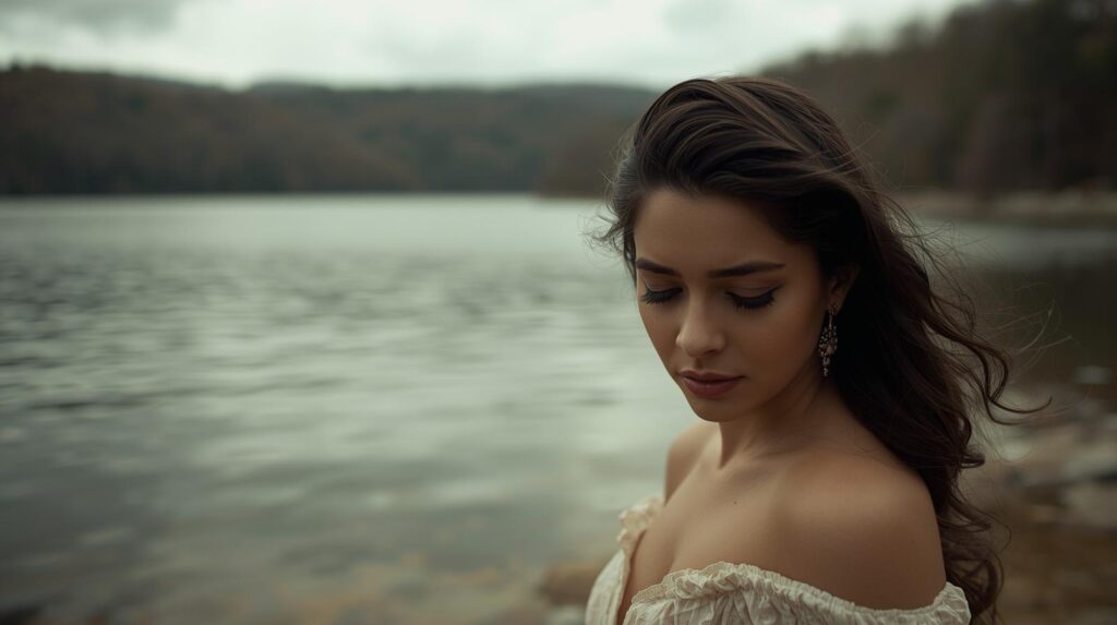 Woman by a grey lakeside looking down, pensive—evoking quiet self-reflection and healing after a controlling parent