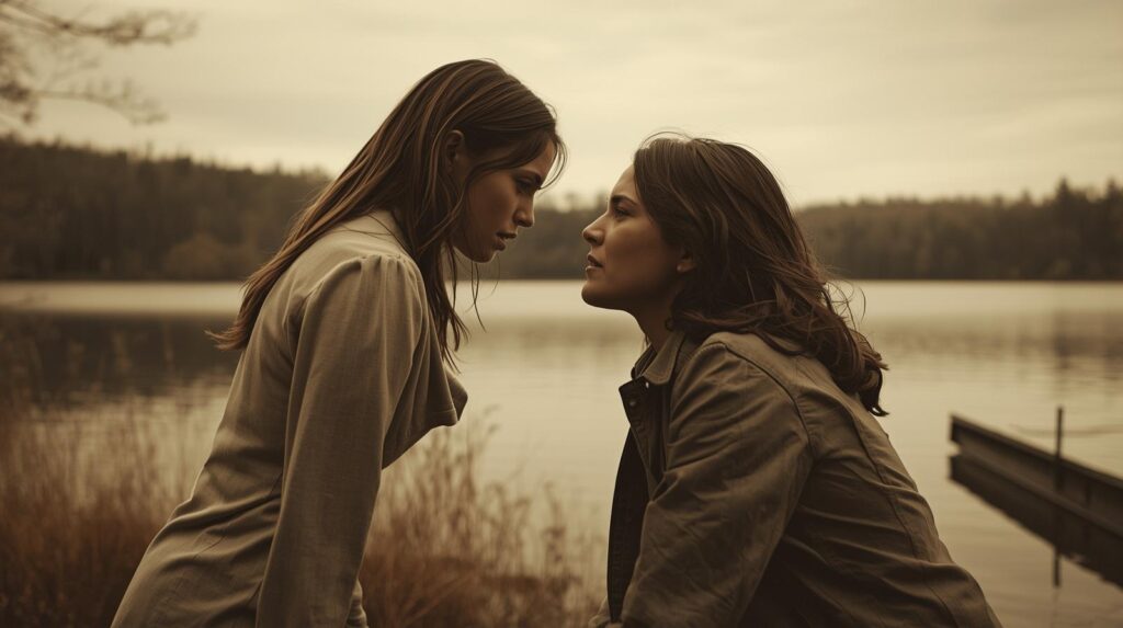 Two women face off by a lakeside, tense eye contact—capturing family tension and gaslighting dynamics