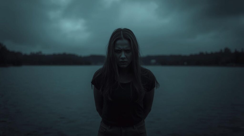 Young woman stands by a dark lake, tense and frowning—evoking the strain of a controlling mother–daughter relationship