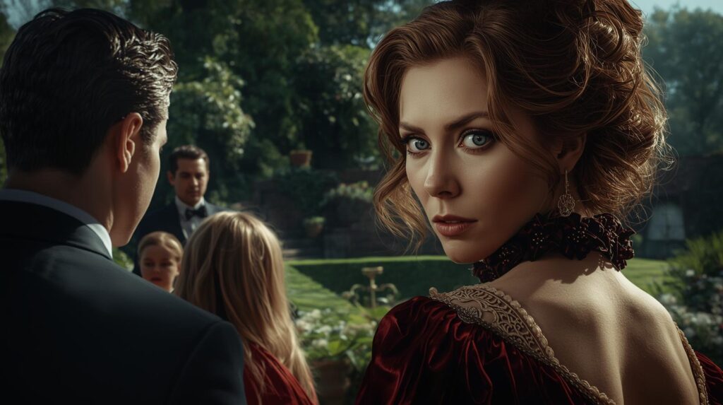 Woman with piercing gaze in a red velvet dress standing in a garden, symbolising the emotional tension and control of a narcissistic family dynamic